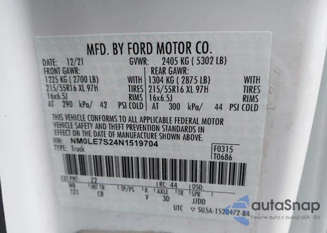 2022 Ford Transit Connect Xl Cargo Van из США, поврежденный, VIN NM0LE7S24N1519704